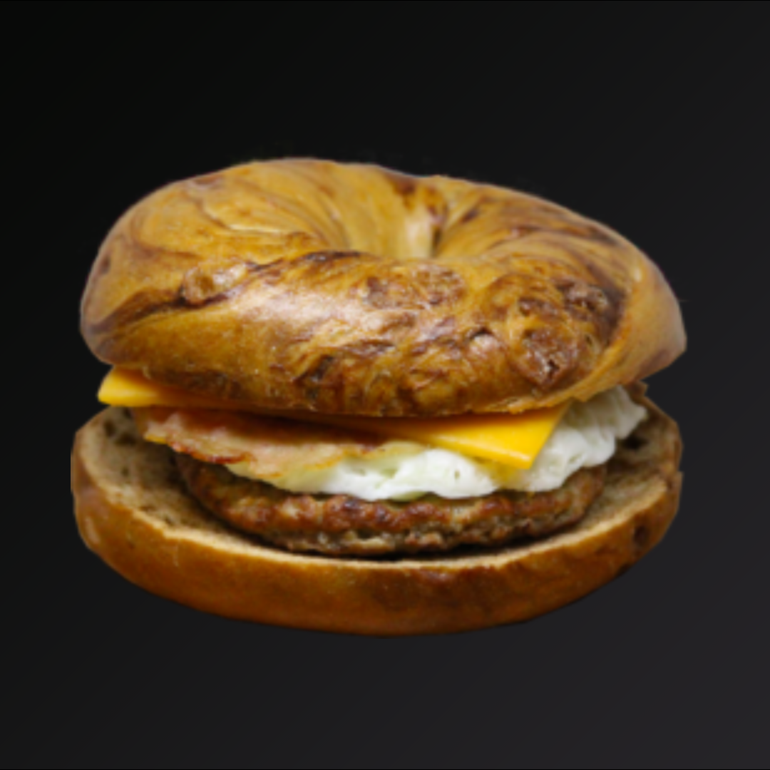 French Toast Bagel Sausage Bacon Egg Cheese Sandwich